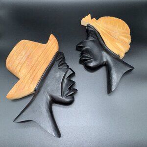 2 Carved Wood Plaques Mask Couple African Jamaican Eclectic Wall Hanging Decor